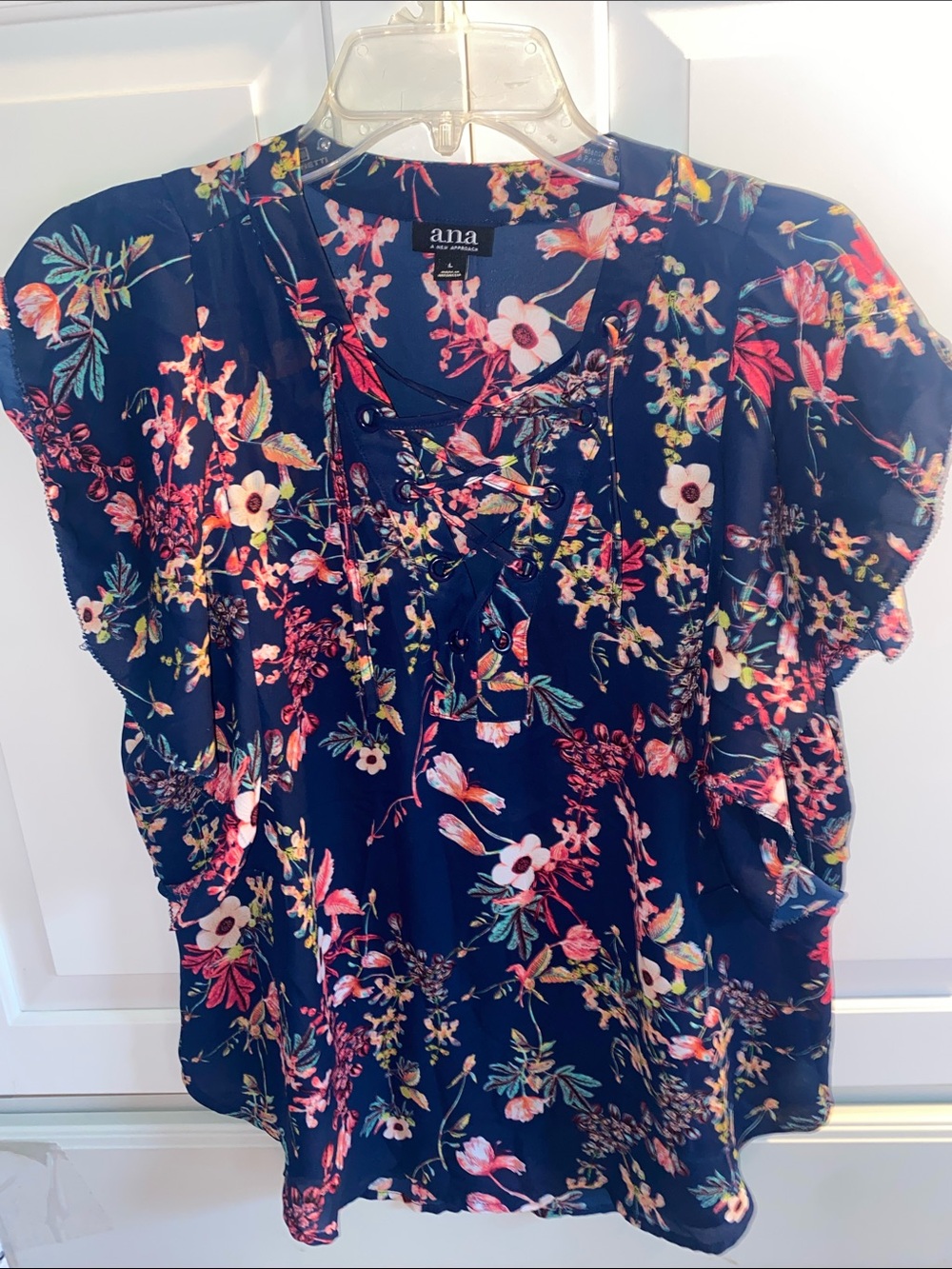 a.n.a Navy Floral Lace-Up Flutter Sleeve Top with Pink & Green Accents